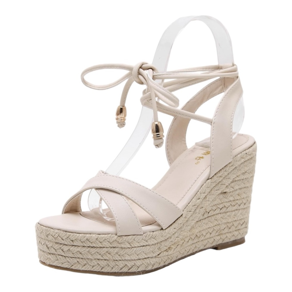 Makedsi Women’s wedge Sandals Ankle Strappy Off White Size 10 Faux Leather Upper
